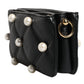 Black Leather Pearl Embellished Logo Shoulder Bag