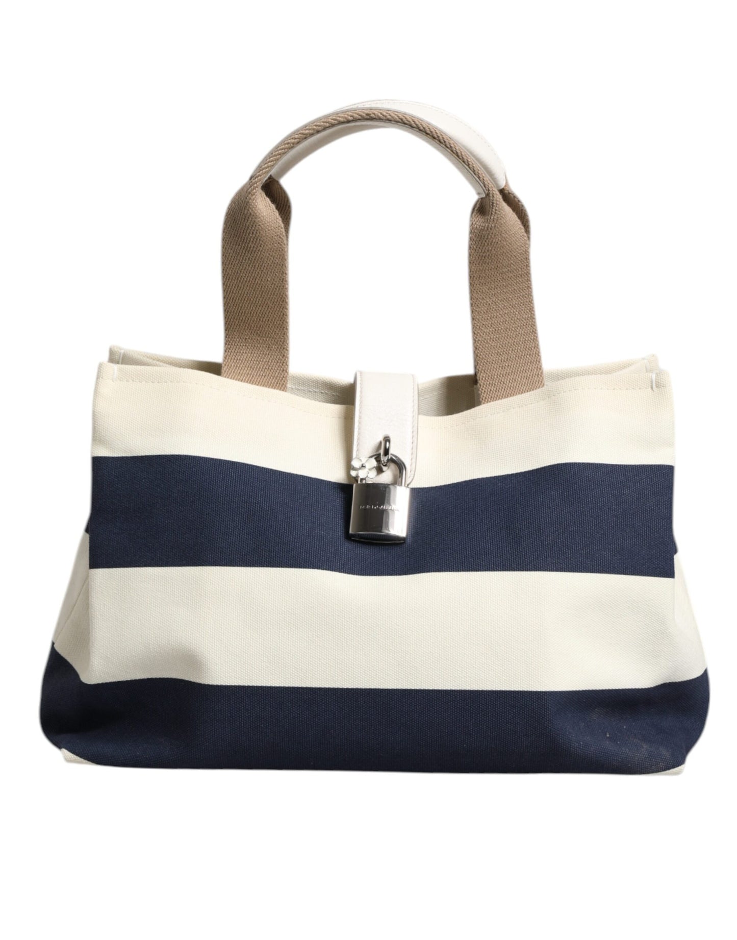 White Navy Striped Canvas Top Handle Tote Tote Bag