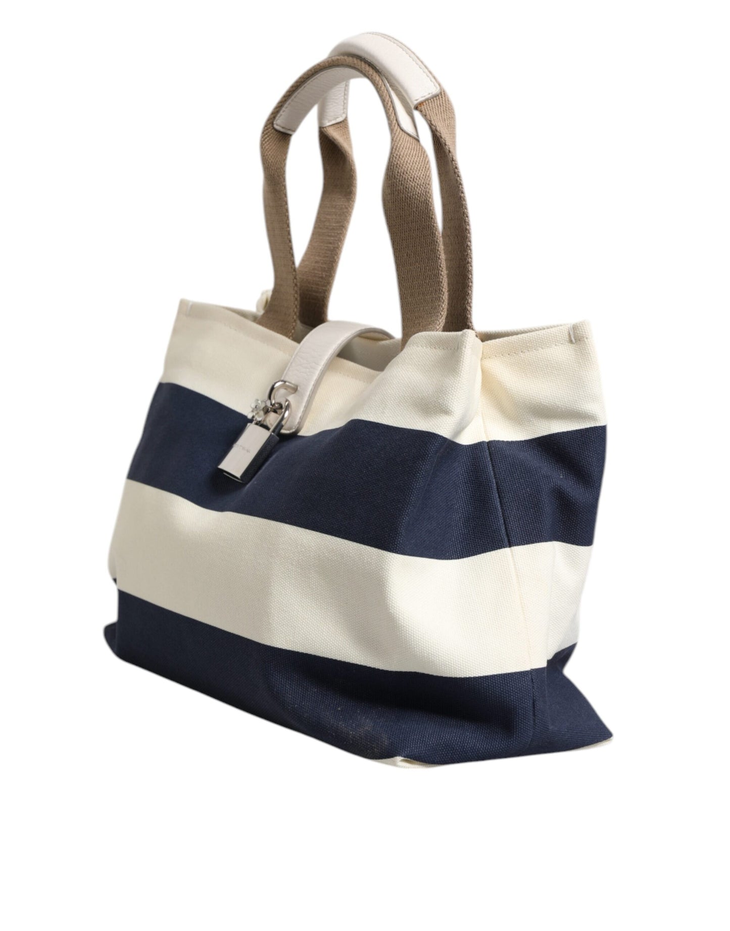 White Navy Striped Canvas Top Handle Tote Tote Bag