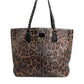 Brown Black Calfskin Leopard Print Shoulder Tote Bag