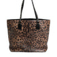 Brown Black Calfskin Leopard Print Shoulder Tote Bag