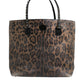 Brown Black Calfskin Leopard Print Shoulder Tote Bag