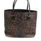 Brown Black Calfskin Leopard Print Shoulder Tote Bag