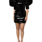 Black Patent Leather Puff Sleeves Mini Dress