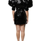 Black Patent Leather Puff Sleeves Mini Dress