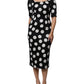 Black White Silk Polka Dots Sheath Midi Dress