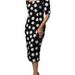 Black White Silk Polka Dots Sheath Midi Dress