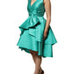 Green Satin Polyester Sleeveless V-neck Layered Dress