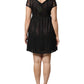 Black Short Sleeves Floral Lace Trim A-line Mini Dress