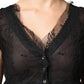Black Short Sleeves Floral Lace Trim A-line Mini Dress