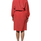 Red Long Sleeves Pencil Cut Drawstring Waist Dress