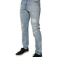 Light Blue Tattered Logo Skinny Denim Jeans