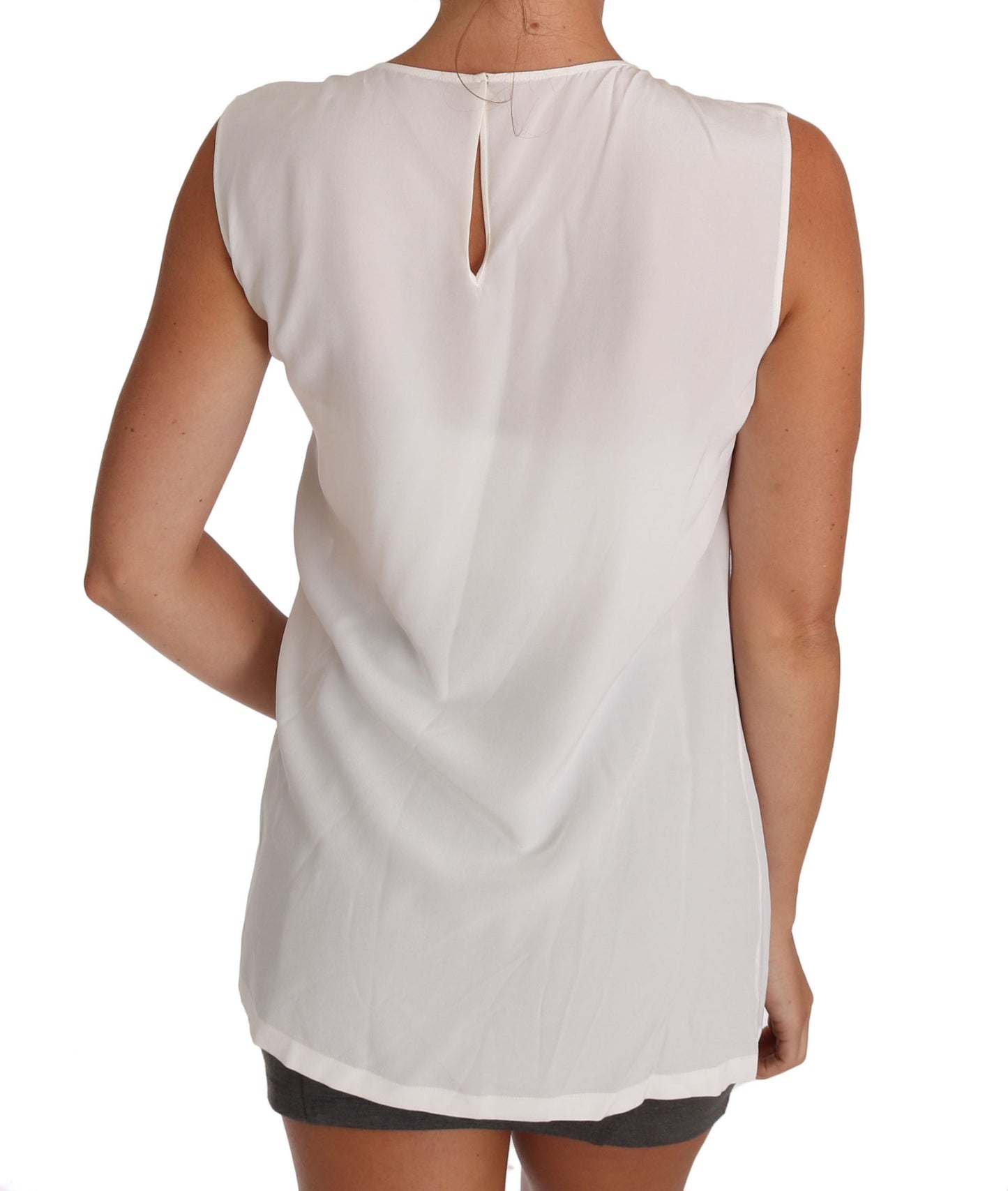 Elegant White Silk Sleeveless Top with Lace Detail