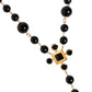 Gold Tone Brass Cross Black Beaded Chain Rosary Necklace