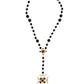 Gold Tone Brass Cross Black Beaded Chain Rosary Necklace