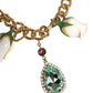 Gold Brass Short Chain Flower Crystal Pendant Necklace