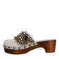 White Raffia Clogs Bejeweled Chain Sandals Shoes
