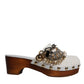 White Raffia Clogs Bejeweled Chain Sandals Shoes