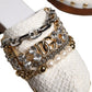 White Raffia Clogs Bejeweled Chain Sandals Shoes