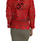 Elegant Red Crochet Knit Cardigan with Fur Collar