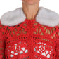 Elegant Red Crochet Knit Cardigan with Fur Collar