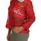 Elegant Red Crochet Knit Cardigan with Fur Collar