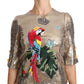 Gold Parrot Motif Crewneck Blouse with Crystals