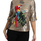 Gold Parrot Motif Crewneck Blouse with Crystals