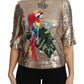 Gold Parrot Motif Crewneck Blouse with Crystals