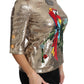 Gold Parrot Motif Crewneck Blouse with Crystals