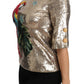 Gold Parrot Motif Crewneck Blouse with Crystals