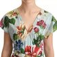 Green Floral Short Sleeves Cotton V-neck Dress