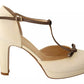 Beige T-Strap Block Heels Pumps Leather Shoes