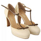 Beige T-Strap Block Heels Pumps Leather Shoes