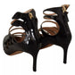 Black Multi Strap Leather Mid Heels Pumps Shoes