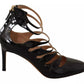 Black Multi Strap Leather Mid Heels Pumps Shoes