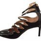 Black Multi Strap Leather Mid Heels Pumps Shoes
