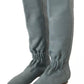 Blue Leather Elastic Flats Pull On Knee High Boots Shoes