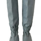 Blue Leather Elastic Flats Pull On Knee High Boots Shoes