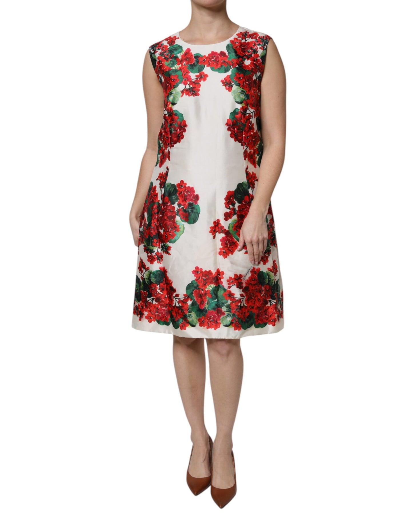 White Floral Printed Silk Knee Length Dress