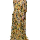 Yellow Floral Print Silk Maxi Long Gown Dress