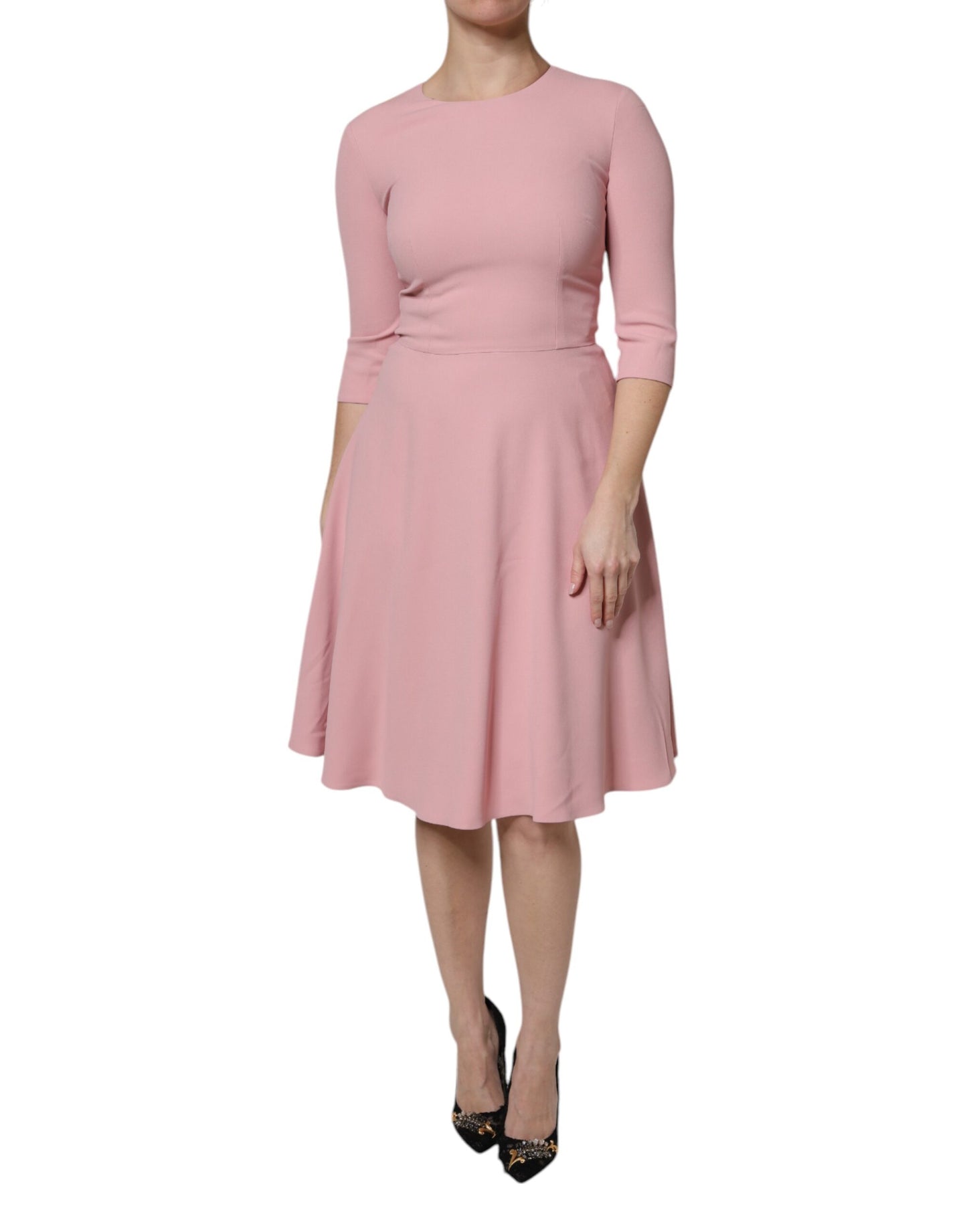 Pink A-line Flare Viscose 3/4 Sleeves Dress
