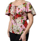 Pink Floral Silk Short Sleeves Blouse Top