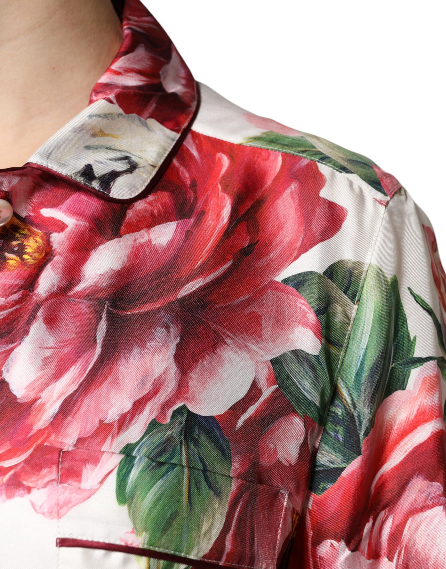 White Floral Silk Lounge Sleepwear Blouse Top