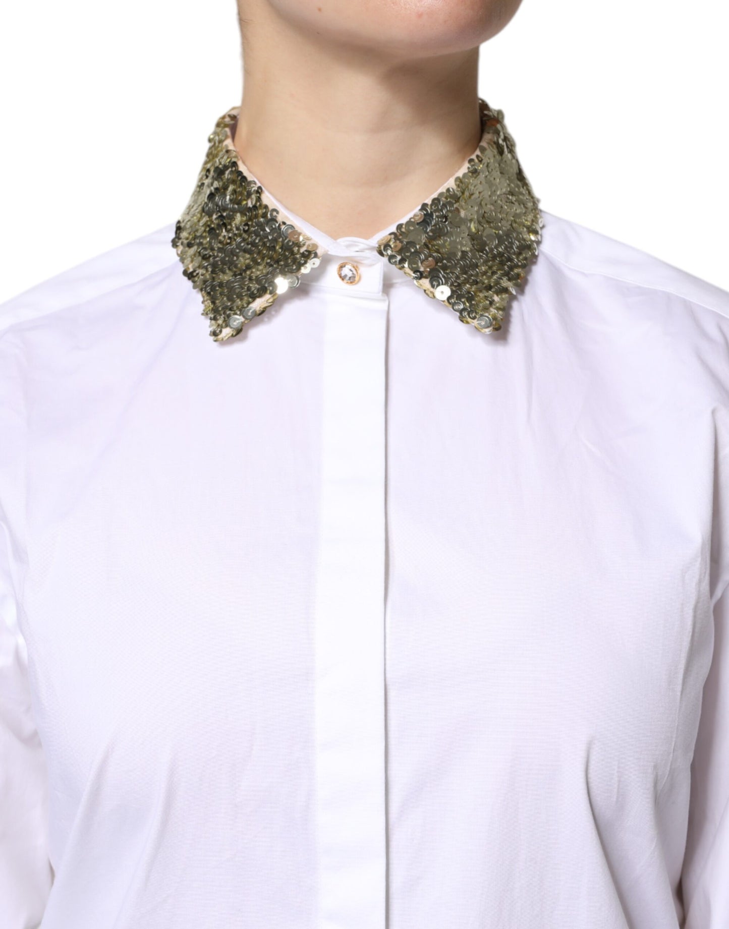 White Cotton Long Sleeves Sequin Shirt Top