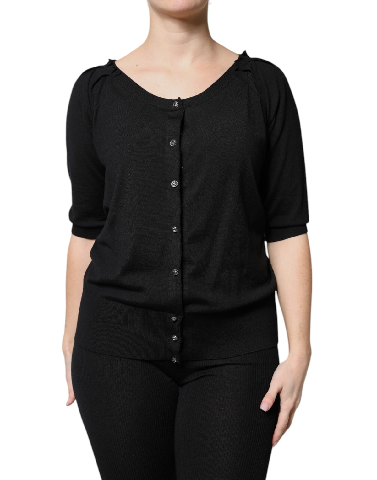Black Button Down Short Sleeve Blouse Top