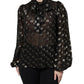 Black Sheer Tied Neck Polka Dots Blouse Top