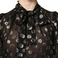 Black Sheer Tied Neck Polka Dots Blouse Top