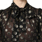 Black Sheer Tied Neck Polka Dots Blouse Top