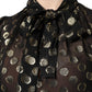 Black Sheer Tied Neck Polka Dots Blouse Top